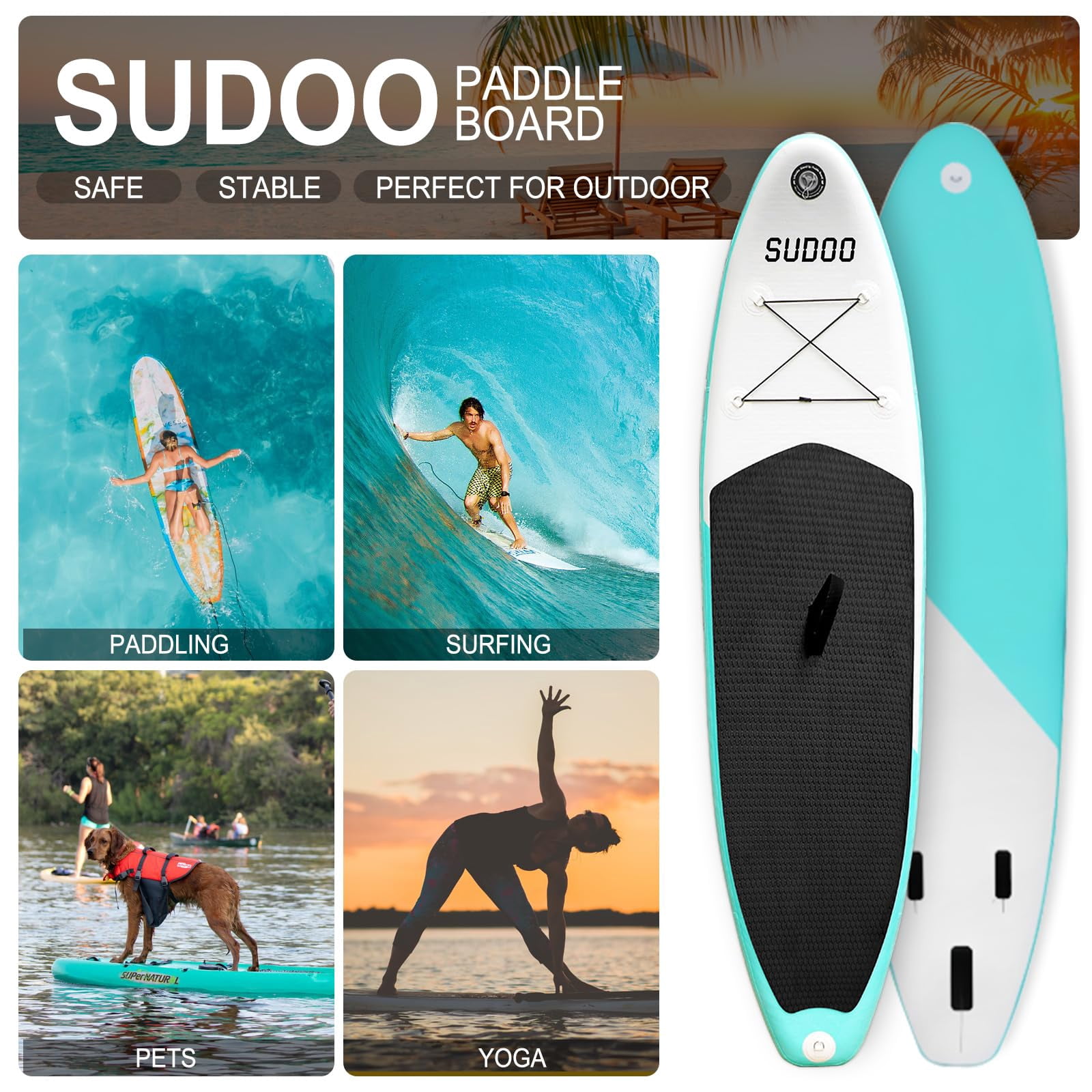 SUDOO Inflatable Stand Up Paddle Board 10‘x30‘‘, Ultra-Light SUP Board with Backpack, Pump, Paddle, Coil Leash, 3 Fins, Repair Kit, Stable SUP with Non-Slip EVA Deck for Adults & Youth