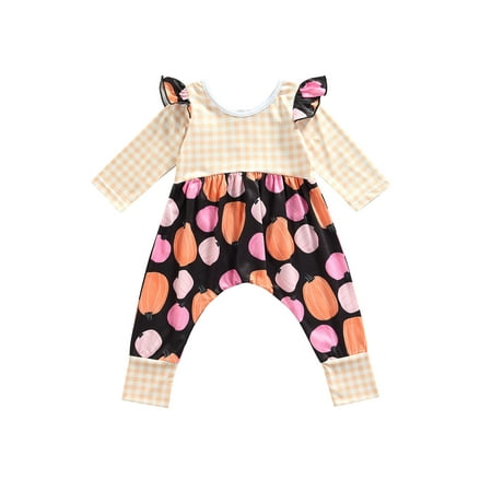 

Xingqing Halloween Stripe/Plaid/Pumpkin Print Round Neck Fly Sleeve Jumpsuit