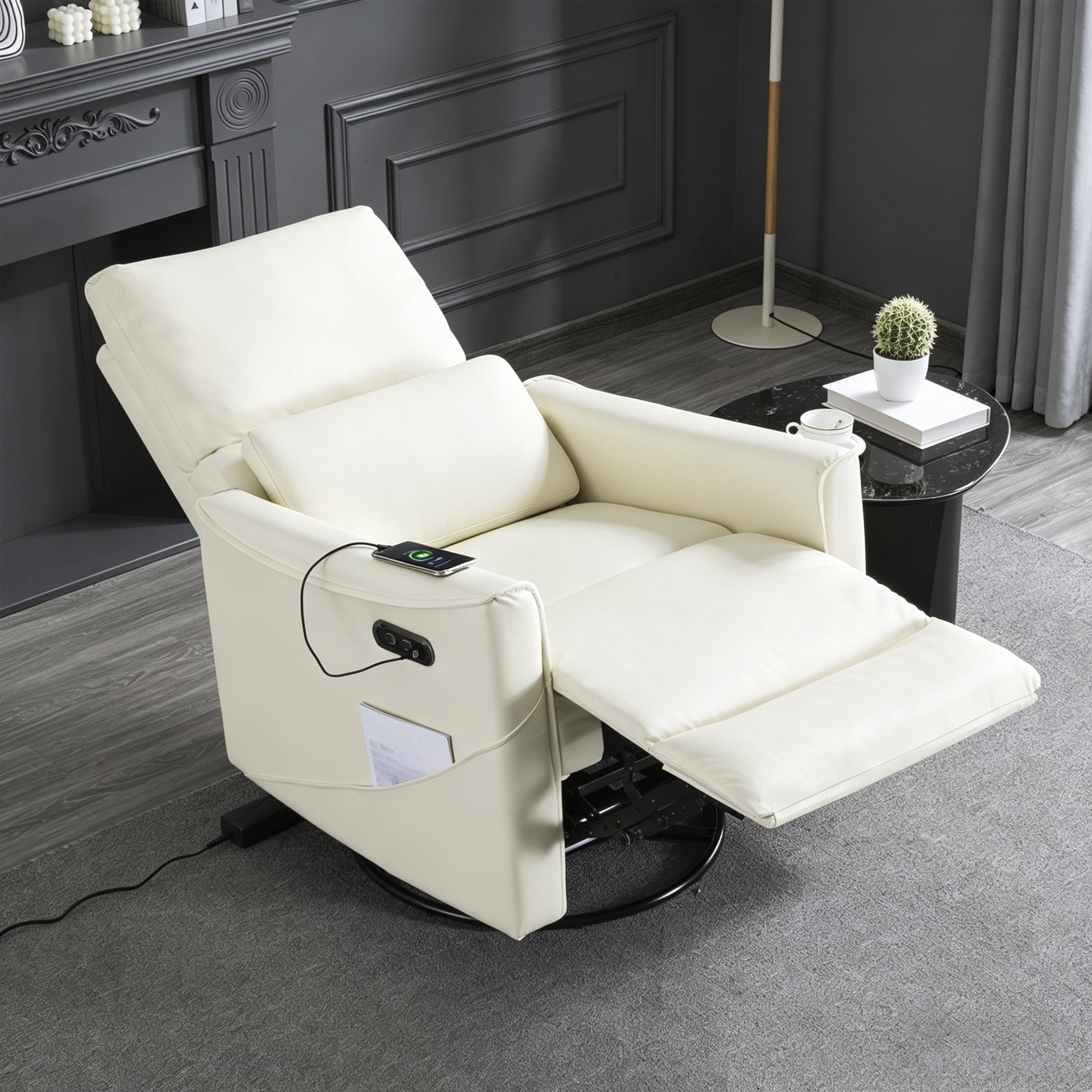 Gewnee 29.13"Power Rocking Recliner Chair,360°Swivel Recliner Chair with USB & Type-C Ports,Adjustable Reclining Positions,PU Swivel Recliner for Living Room,Office,Bedroom.Beige