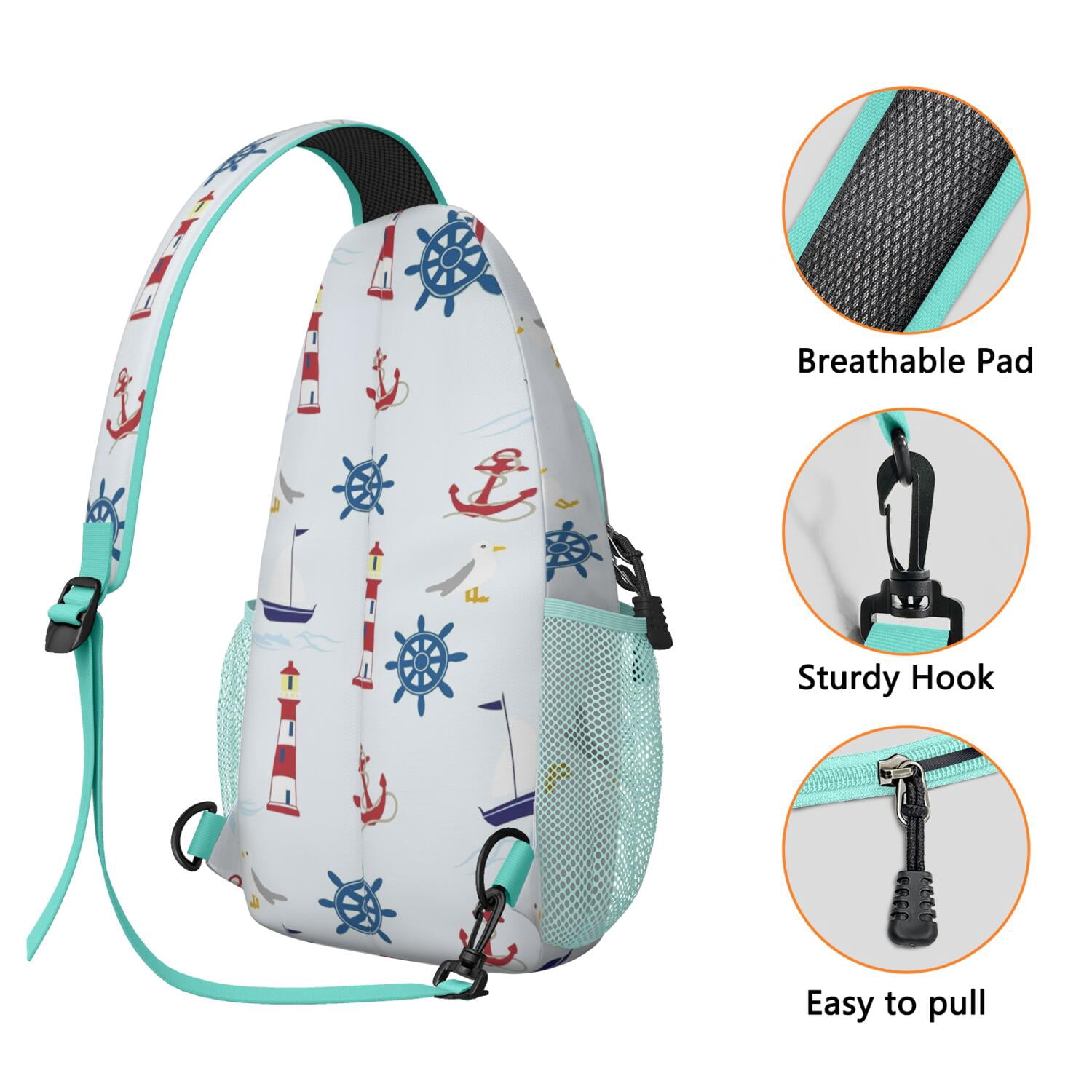Tropical Beach Daypack - Nautical Shoulder Bag with Coral & Lighthouse Print, Spacious & Organized for Commuting, Traveling, and Casual Use - Unisex Crossbody Sling Bag