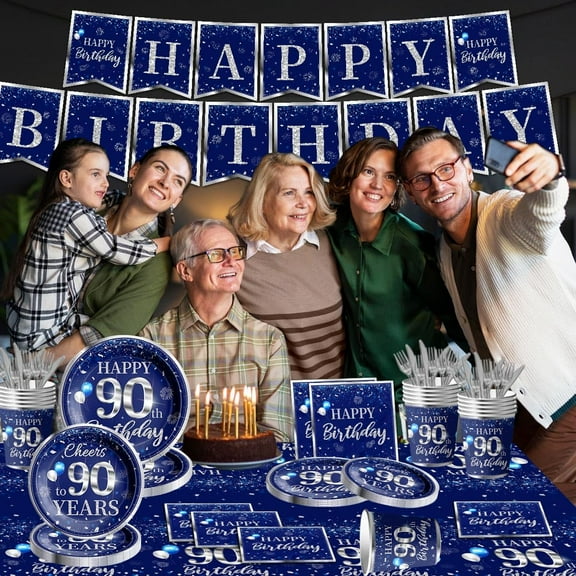 SHILIU-142 Pcs 90th Birthday Tableware Set Decorations Sliver and Blue 90th Happy Birthday Party Supplies for Men Women Birthday Tablecloth,Plates, Napkins, Cups,Forks and Knives