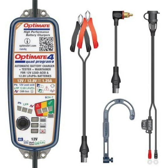 Optimate 4 Quad Program | Premium Edition, TM631-PR, Gold Series: 9-Step 12V / 12.8V 1.25A Sealed Battery Saving Charger & maintainer