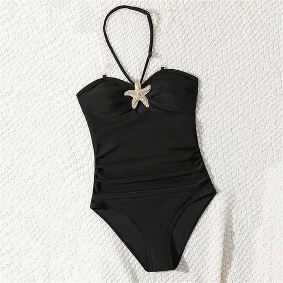 ITSAME Girls One-Piece Bathing Suit, Quick-Dry Hanging Neck with Chest Pad Summer Fashion Casual Beach Swimsuit Black 13-14T