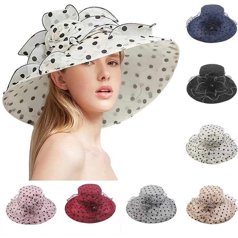 1169 Women Organza Ky Derby Church Hat Polka Dots Wide Brim Sun Caps Vorkoi Lady Polka dots Organza Fascinator Sun Hats Women  main image 2
