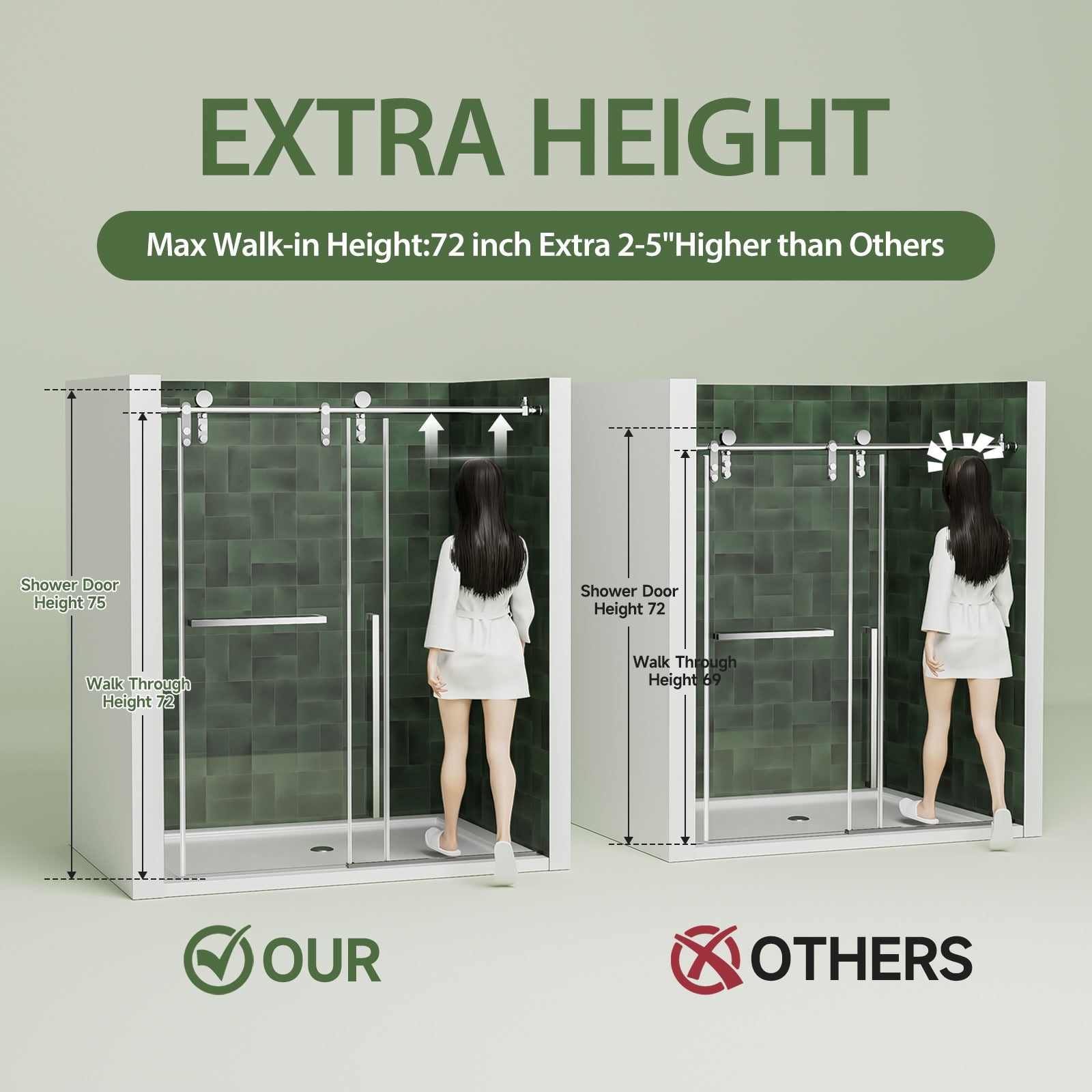 MAYEERTY Frameless Sliding Shower Door, Chrome Screen, 5/16" Tempered Glass with Explosion-Proof Film, Waterproof & Reversible Installation
