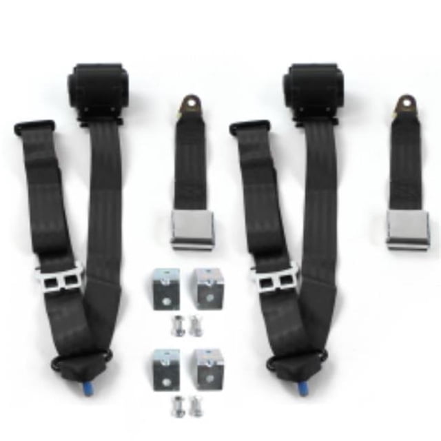 Ford Bronco 1980-1996 Airplane 3 Point Black Retractable Bucket Seat Belt Kit with Bracketry - 2 Belts