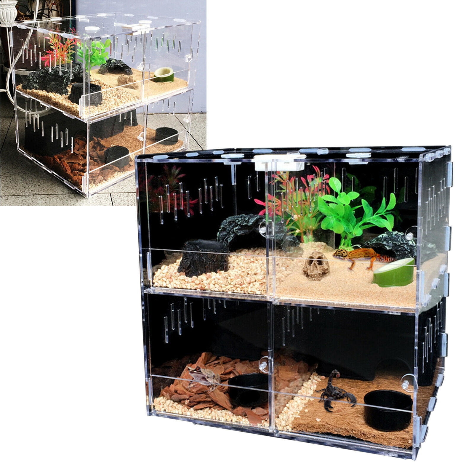 Reptile Breeding Cabinet with Hygrometer 8-Grid Acrylic Reptile Terrarium Feeding Box Winter Insect Amphibian Breeding Cabinet with Thermostat Heating Pad for Hatchling Small Reptiles 