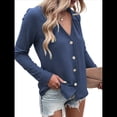 thumbnail image 2 of Camisetas de Mujer con Botones, Mangas 3/4, Cuello en V, Camisetas Casuales de Verano para Mujer Azul L, 2 of 7