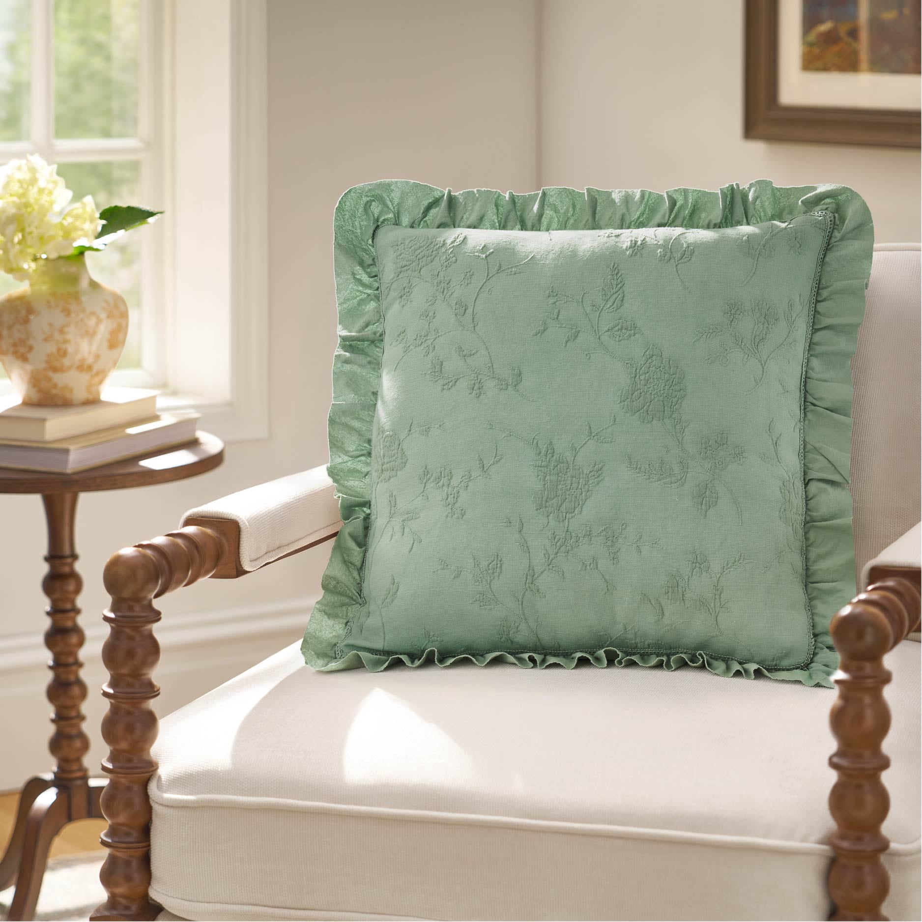 The Pioneer Woman Green Matelasse Floral Crochet Ruffle Decorative Pillow, 20" x 20"