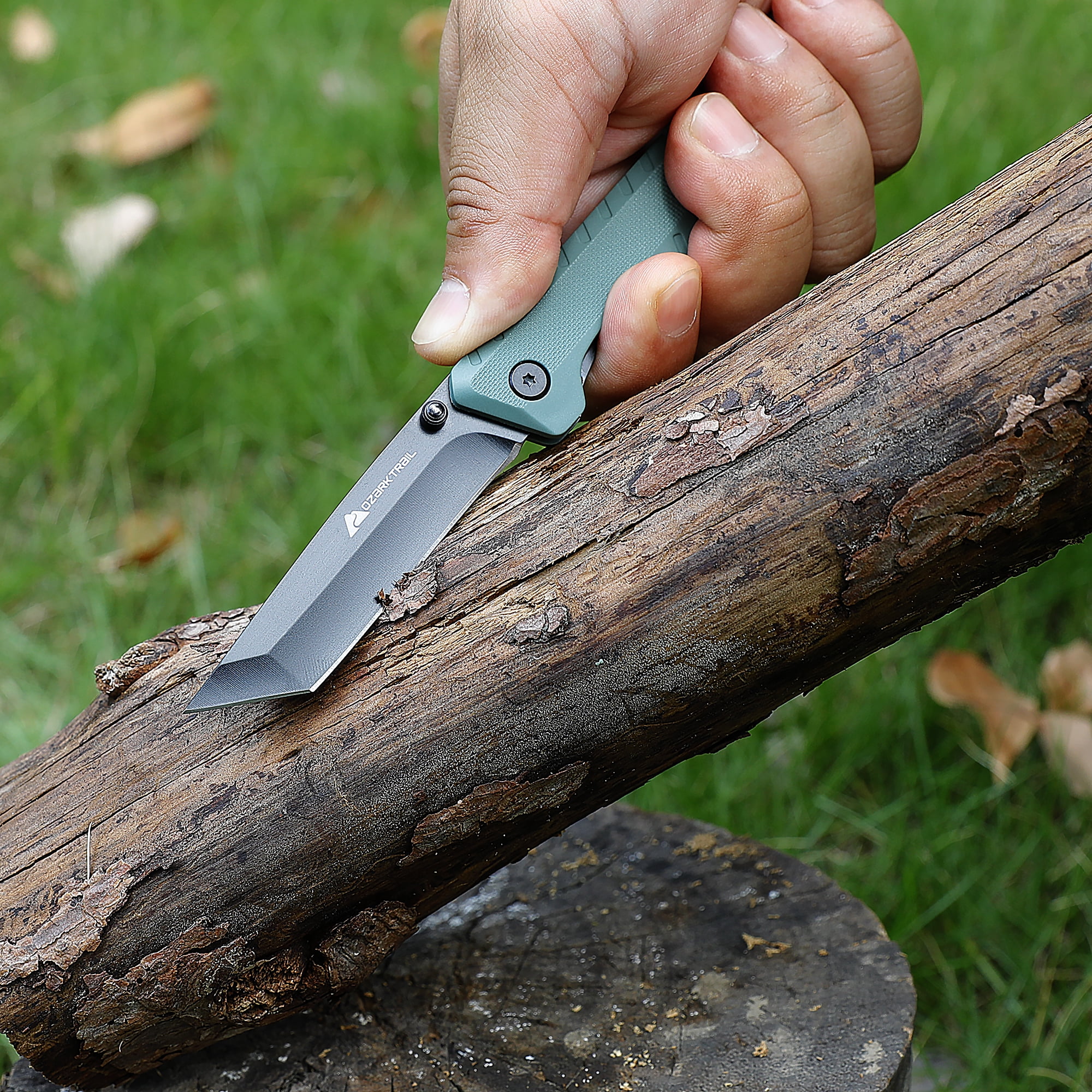 Ozark Trail Shadow 7.5 in Tanto Folding Knife, 3.25 in Stainless Steel Blade with Titanium Coating, Green