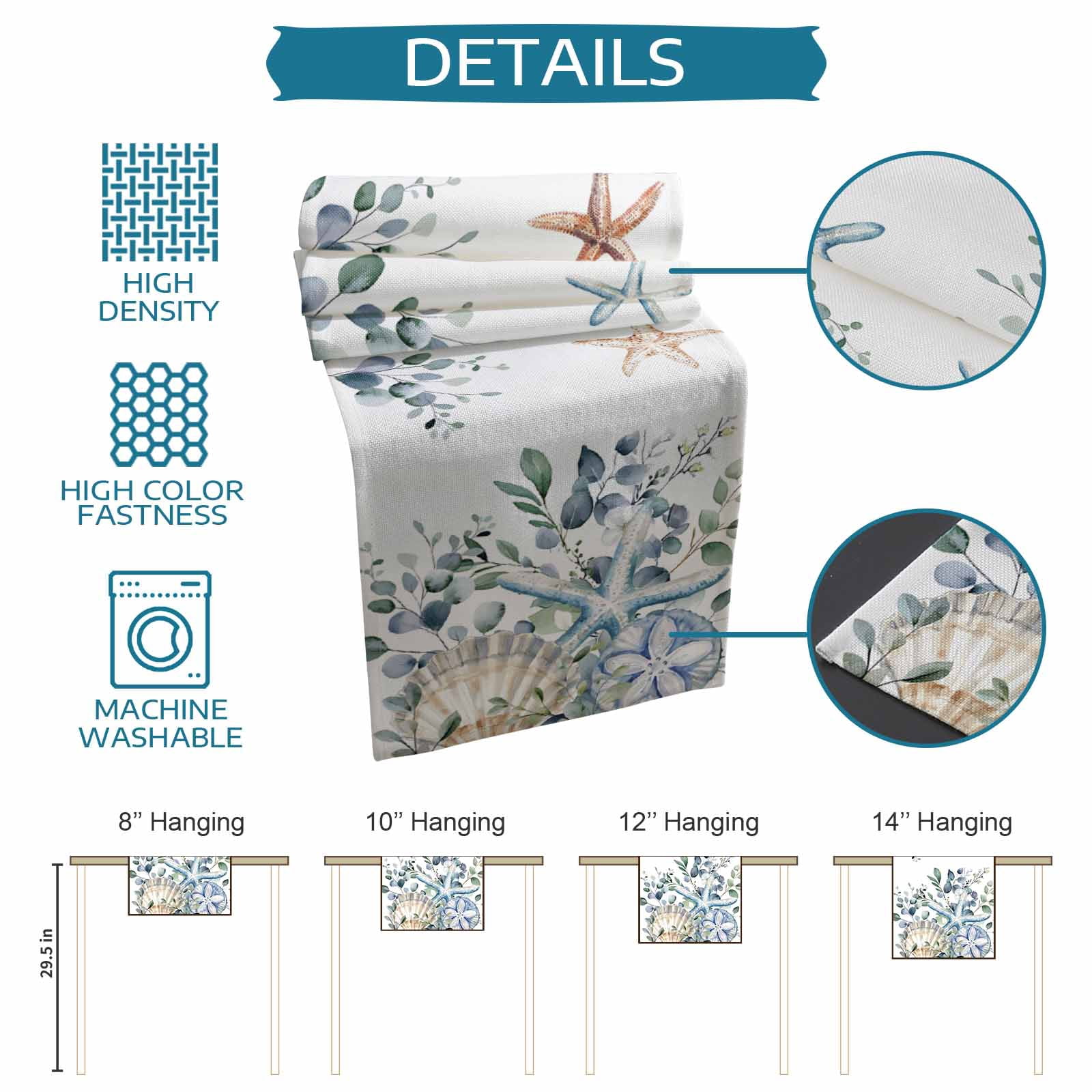 Starfish Eucalyptus Leaves Table Runner 90 Inches, Blue Teal Coastal Shell Bed Runner Dresser Scarves Tabletop for Indoor Outdoor Parties/Ceremony/Banquet, 13" x 90"