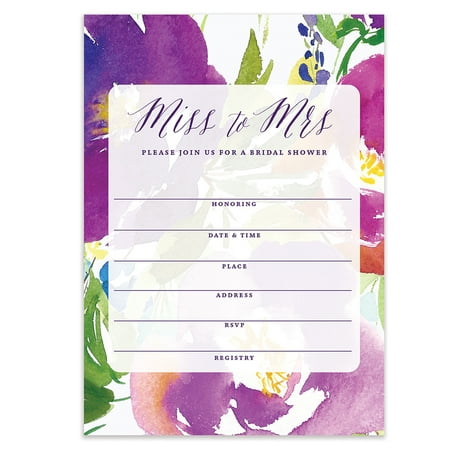 Miss to Mrs Bridal Shower Tropical Flower Watercolor Fill-In-Style Blank Invitations with Envelopes ( Pack of 50 ) Large 5x7