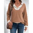 thumbnail image 4 of Camisetas de Larga de Moda de Otoño para Mujer, Sudaderas con Cuello en V y Botones de Patchwork, Tops Casuales Tipo Pulóver Color Caramelo XXL, 4 of 9