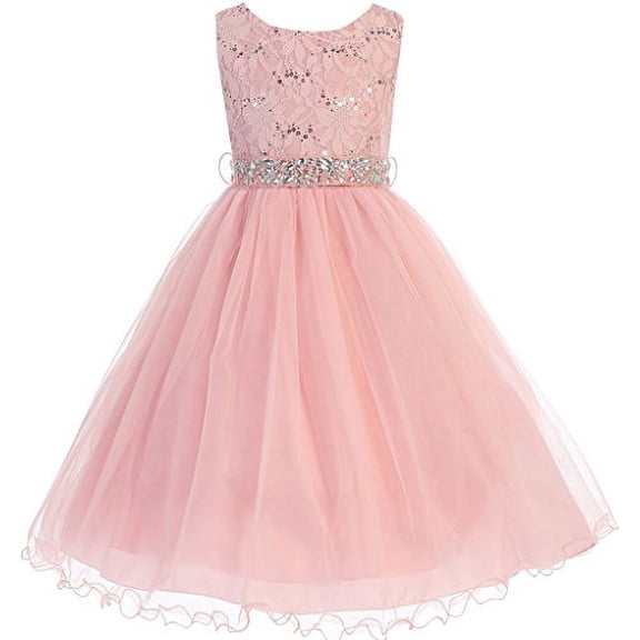 Flower Girl Dress Sequin Lace Tea Length Rhinestone Belt for Little Girl Blush 10 JK.3670