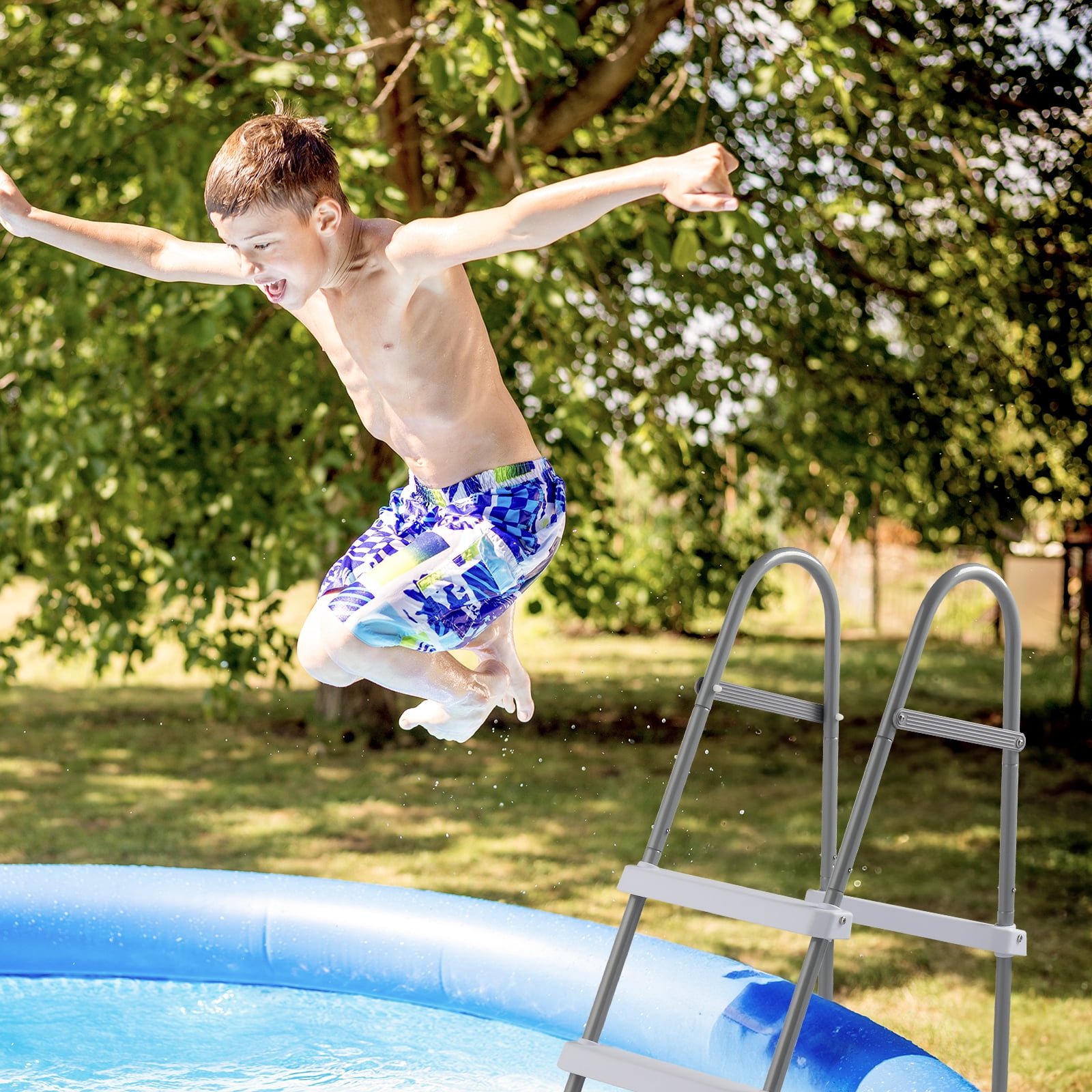 Ktaxon 52" 4Step Steel Frame Above Ground Swimming Pool Ladder,Heavy Duty Double Sided Removable Pool Steps with Ladder Escape