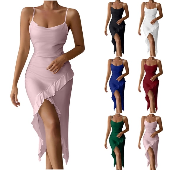 FRSASU Women's Dresses Summer High Split Ruffle Hem Sleeveless Sundress Elegant Casual Party Beach Vacation Clothes White