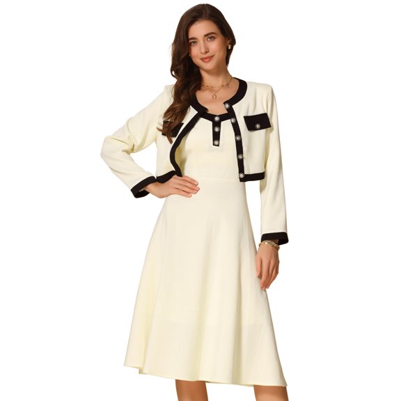 DARING DIVA Women's 2 Piece Outfit Office Crew Neck Suit Sets Long Dress XS White