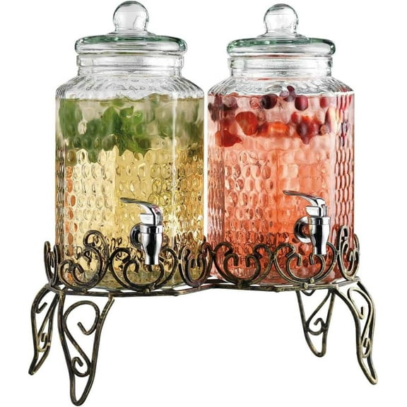 Double Glass Beverage Dispensers 1 Gallon Double Hammered Drink Dispenser with Metal Rack and leakproof Spigot. Every day and party use.