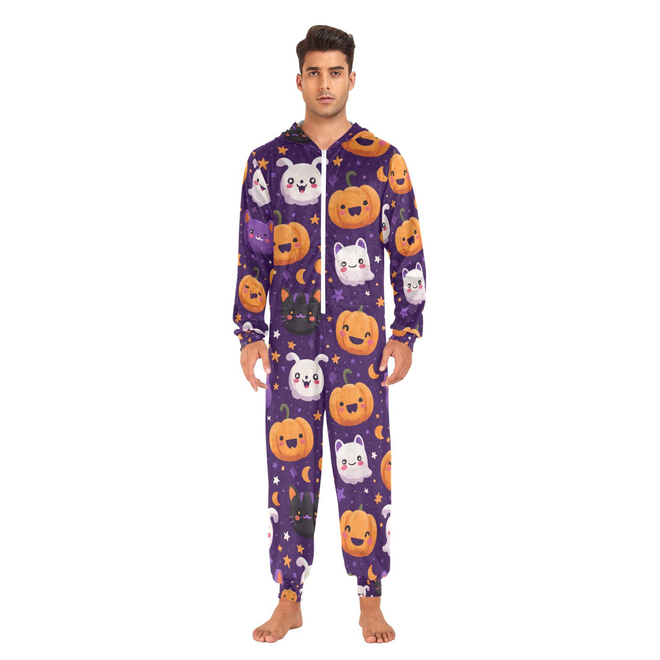 Adult Christmas Onesie Cute Cartoon Pumpkin Ghost Adult Zipper One-Piece Pajamas Unisex Pajamas with Pockets