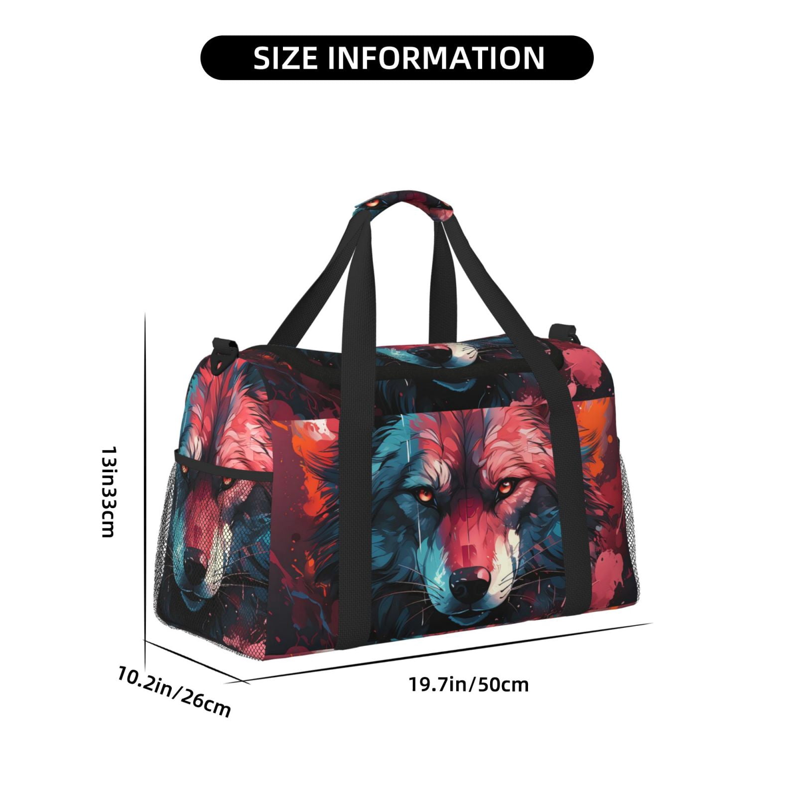 Fuzoiu Red Flame Wolf Head Print Travel Duffle Bag,Carry On Tote Bags,Duffel Bag,Sport Gym Bag, Hospital Bag for Labor and Delivery, Overnight Bag,Luggage Bag