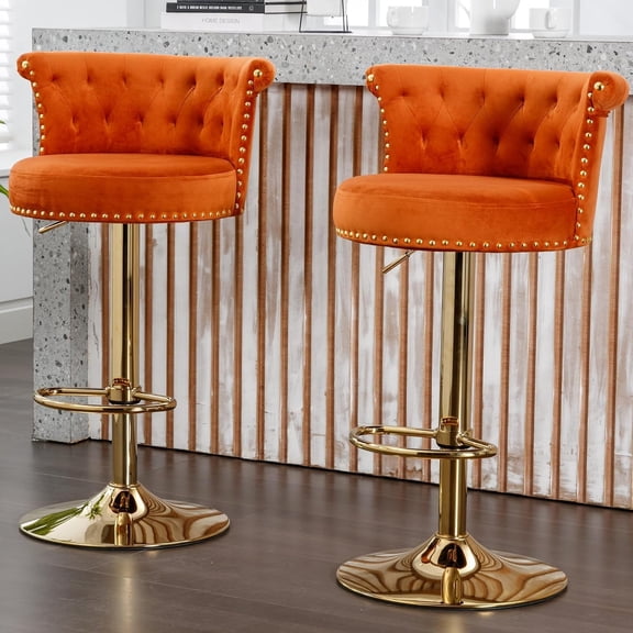 YWEN Velvet Bar Stool Set of 2, Adjustable Modern Swivel Bar Stools with Backs Upholstered Tufted Velvet, Gold Plated Metal Leg Counter Height Chair for Kitchen Island, Dining Room