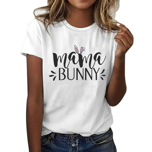 WEAIXIMIUNG T-Shirt Imprimé Lapin de Pâques pour Femmes Manches Courtes Col Rond Haut Décontracté Slim