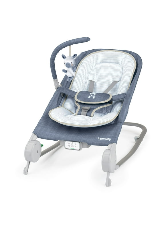 Ingenuity Happy Belly Rock-to-Bounce Baby Massage Seat,Bouncer and Rocker For Ages 0-6 Months, Unisex, Blue - Chambray