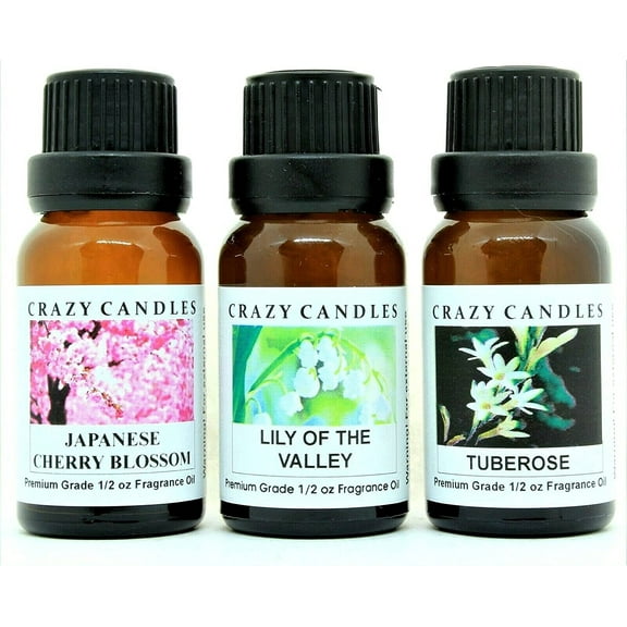 3 Bottles Set, 1 Japanese Cherry Blossom, 1 Lily of The Valley, 1 Tuberose 1/2 Fl Oz Each (15ml) Premium Grade Scented Fragrance Oils by Crazy Candles