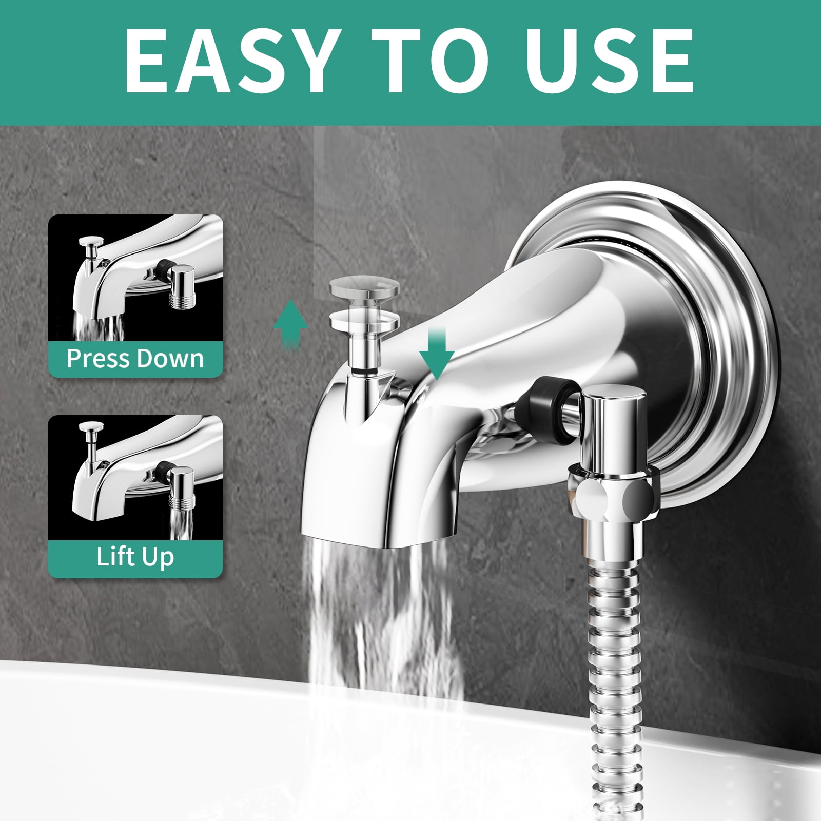 KAIYING Bathtub Faucet with Sprayer, Filtered 3-Mode Shower Head with ON/OFF Button, Metal Tub Tap Attachment Includes 3 Adapters, Shower Head for Tub Faucet (Chrome)