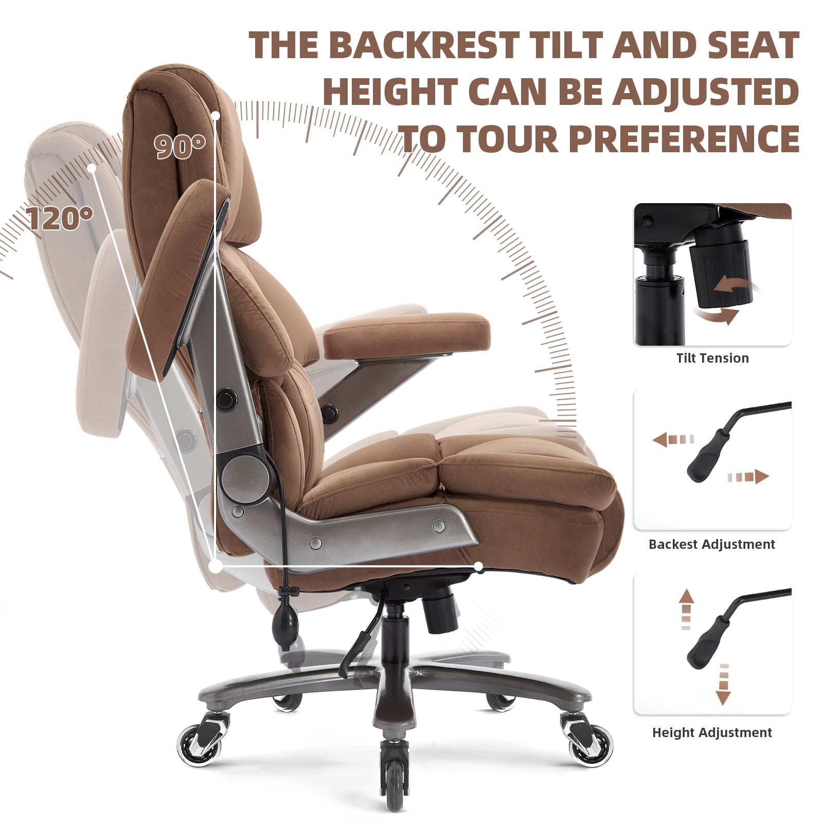 Big and Tall 500lbs Office Chair, Fabric Heavy Duty Executive Chair with 3D Flip up Armrests Adjustable Lumbar Support Large Rubber Wheels, Extra Wide High Back Computer Desk Chair, Brown