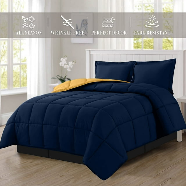 Reversible 3-Piece Comforter Set with Matching Shams, Two Colors in One for Ultimate Versatility and Style, Twin/TwinXL, Navy/Yellow