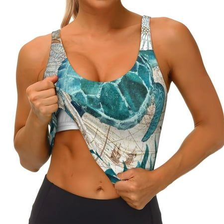 Qokaie Watercolor Sea Turtle Pattern Womens Scoop Neck Sports Bra Breathable Workout Vest Padded U Back Medium Impact Fitness Gym Yoga Bra Workout Crop Top