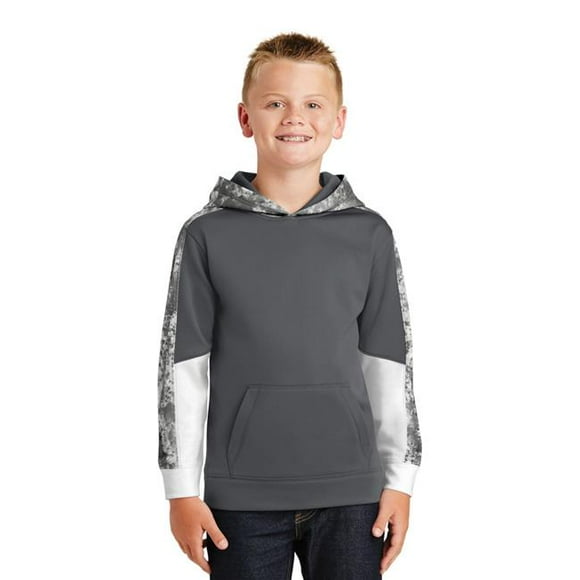 Sport Tek 1148854 Youth Sport-Wick Mineral Freeze Fleece Colorblock Hooded Pullover in Dark Smoke Grey & Dark Smoke Grey for YST231 - Large