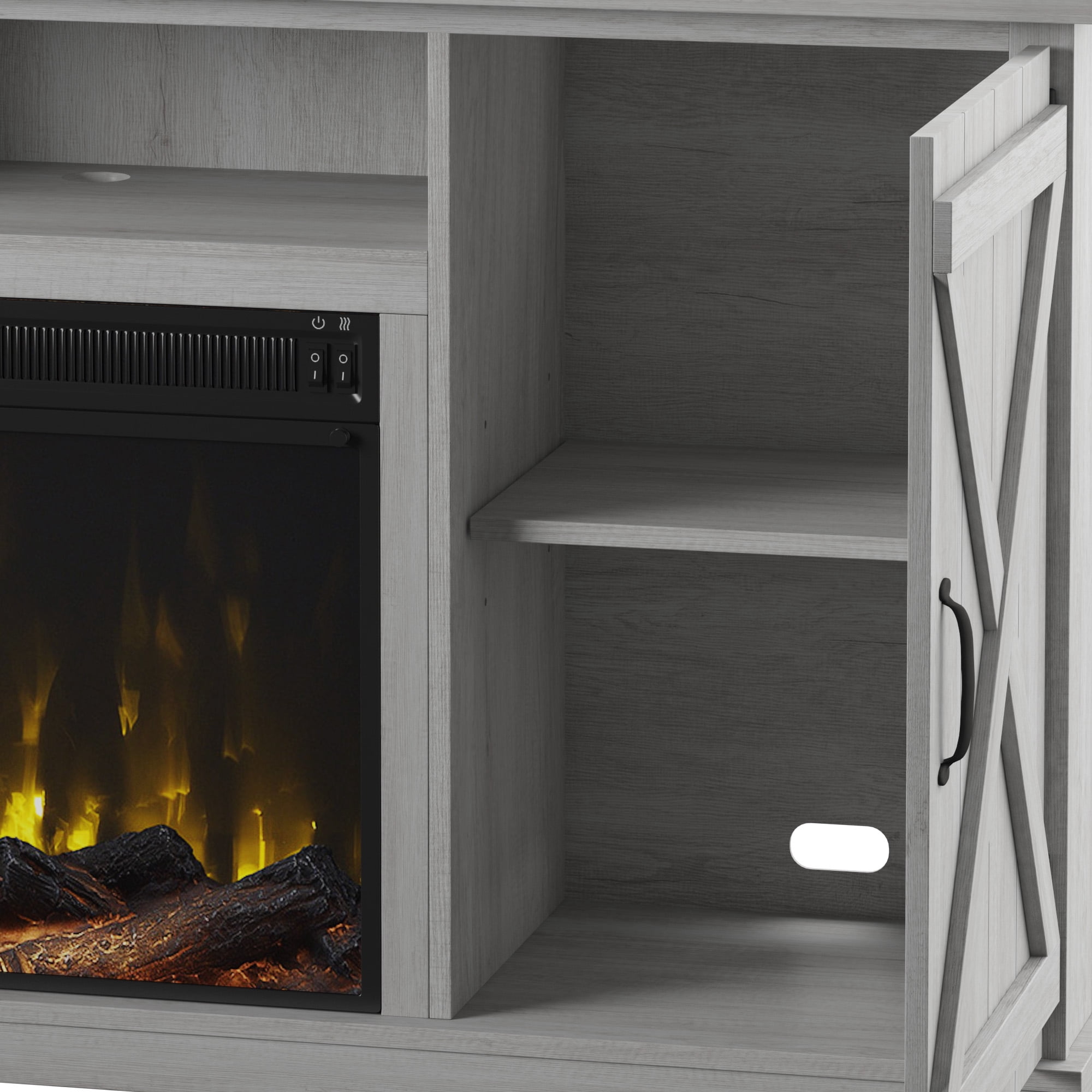 Twin Star Home Barn Door TV Stand for TVs up to 70 inches with ClassicFlame Electric Fireplace, Sargent Oak