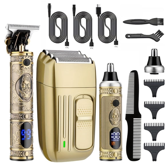 YHAYHO Cortapelos para hombres recargable con cuchilla en T y afeitadora de lámina, cortadora de pelo inalámbrica para nariz y orejas, kit profesional de corte de pelo con pantalla LED (dorado)