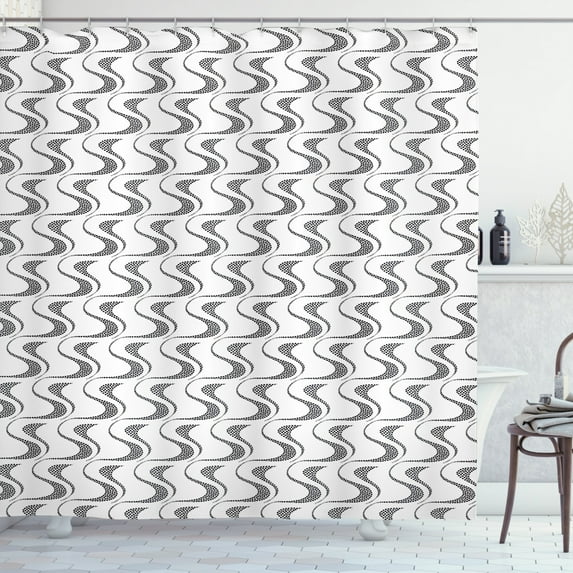Abstract Shower Curtain, Minimalist Like Waving Little Dots with Curves and Swirled Ovals, Fabric Bathroom Set with Hooks, 69W X 84L Inches Extra Long, Charcoal Grey and White, by Ambesonne