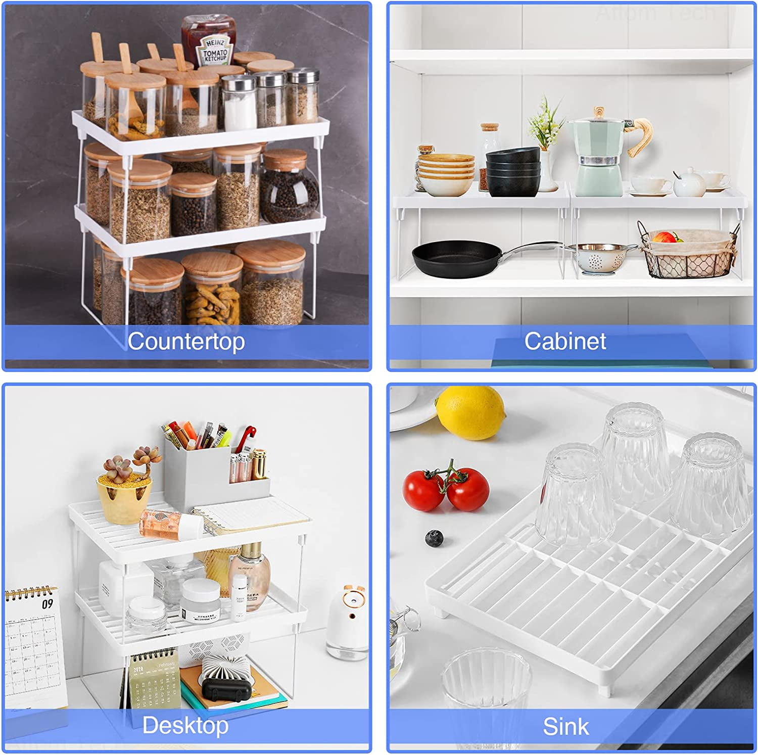 NiHome 4Pack Stackable Plastic Kitchen Storage Shelf Foldable Rack, White Kitchen Cabinet Organizer and Storage Shelves Stackable Expandable Storage Racks for Counter Cabinet Pantry