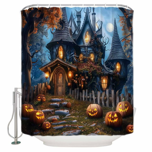 Fabric Shower Curtain, Halloween Mysterious Forest Pumpkin Lamp Castle Bathroom Curtain with 12 Hooks Waterproof No Bad Odor Machine Washable Bath Curtains for Bathroom, 36"x72"