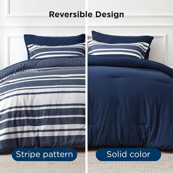 Twin Comforter Set 5 Pieces, Blue Striped Bedding Set for All Seasons, Reversible, Cationic Dyeing Bed in a Bag with Comforter, Sheets, Pillowcase & Sham