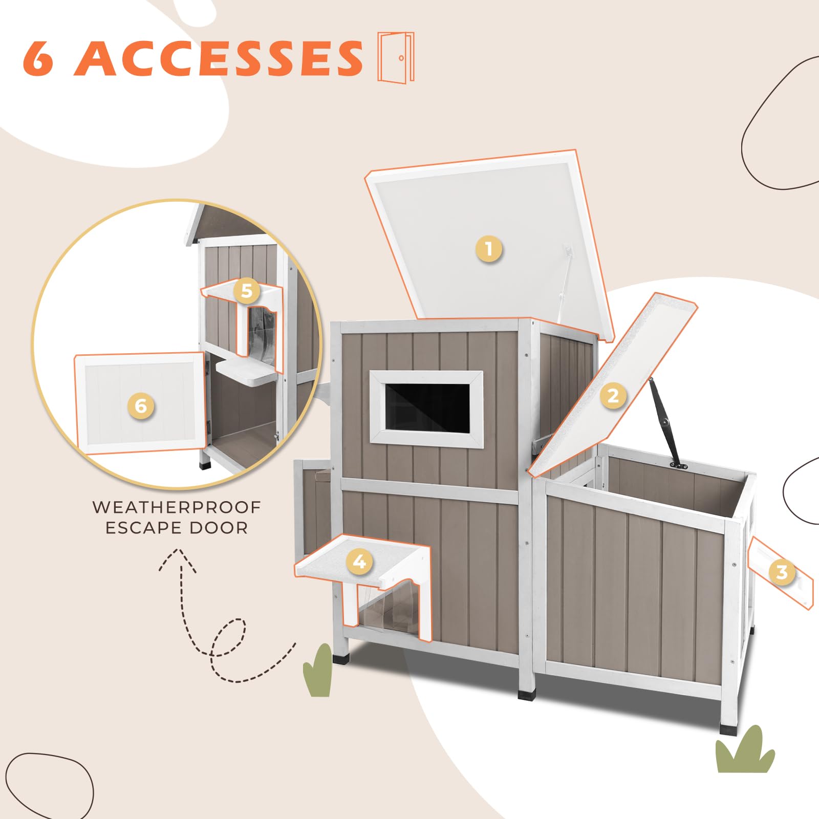 Gowoodhut 36.1" L Outdoor Cat House, 2 Story Wooden Outdoor Cat Shelter with 3 Escape Doors