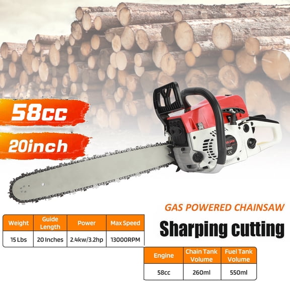 Tereitr 58cc 3.2HP Gas Chainsaw, 20-Inch Professional Chainsaw for Tree Felling & Firewood Cutting, 18.6 oz Fuel Tank, Automatic Oiler & Low-Kickback Chain