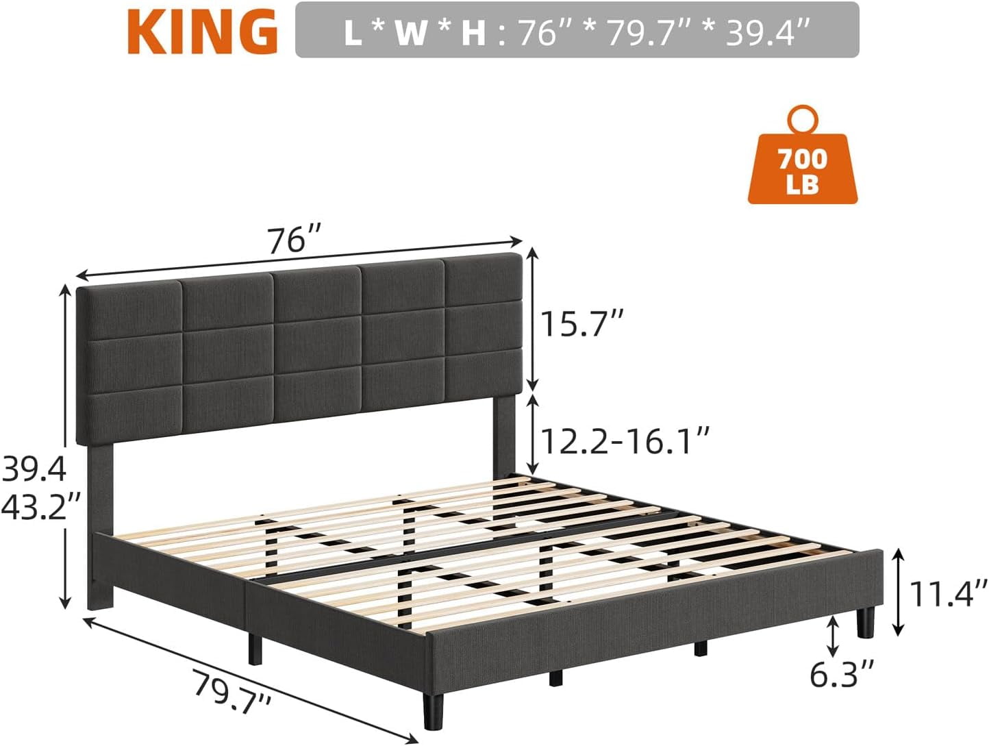 King Size Platform Bed Frame, Linen Upholstered King Bed Frame, Wooden Slats Support, No Box Spring Needed, Noise-Free, Grey