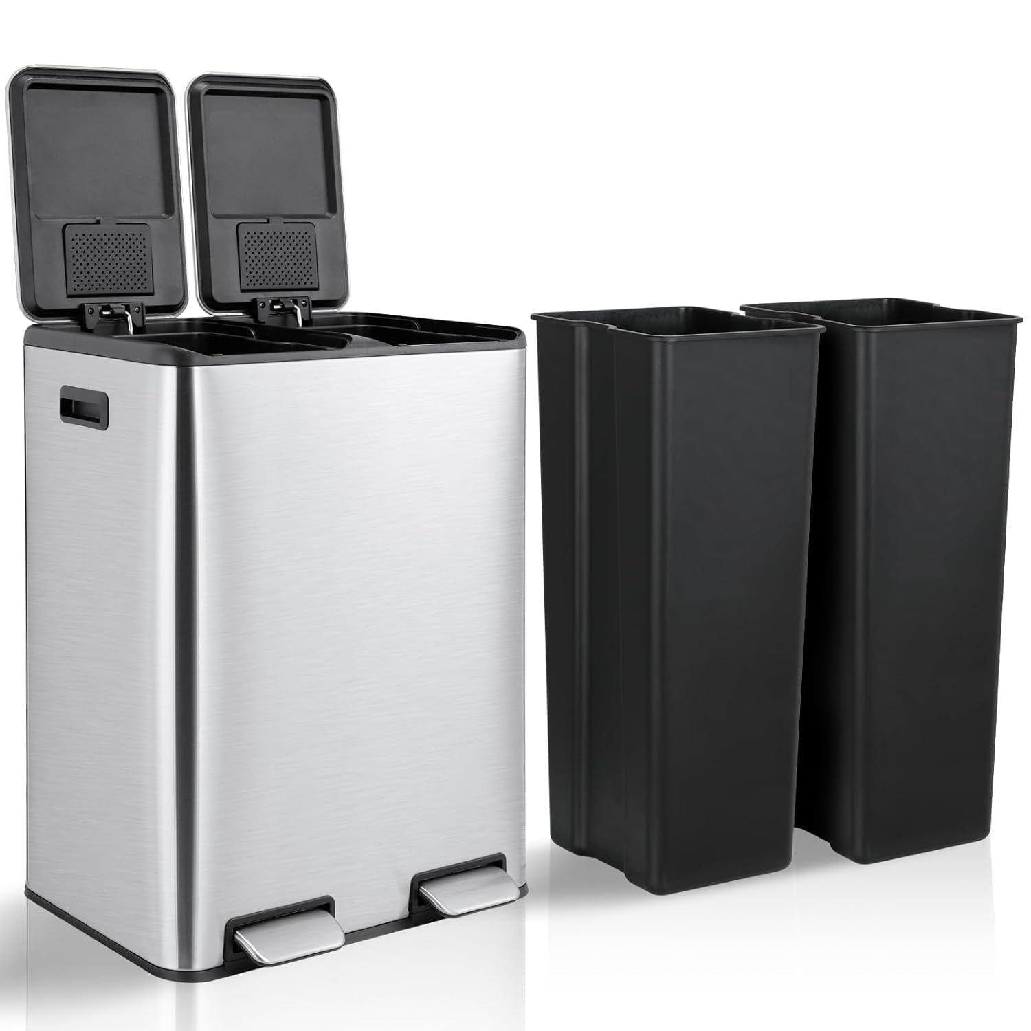 LAZY BUDDY 16 Gal Dual Kitchen Trash Can, Rectangular Stainless Steel Recycling Garbage Can with 2 Built-in Odor Control Box