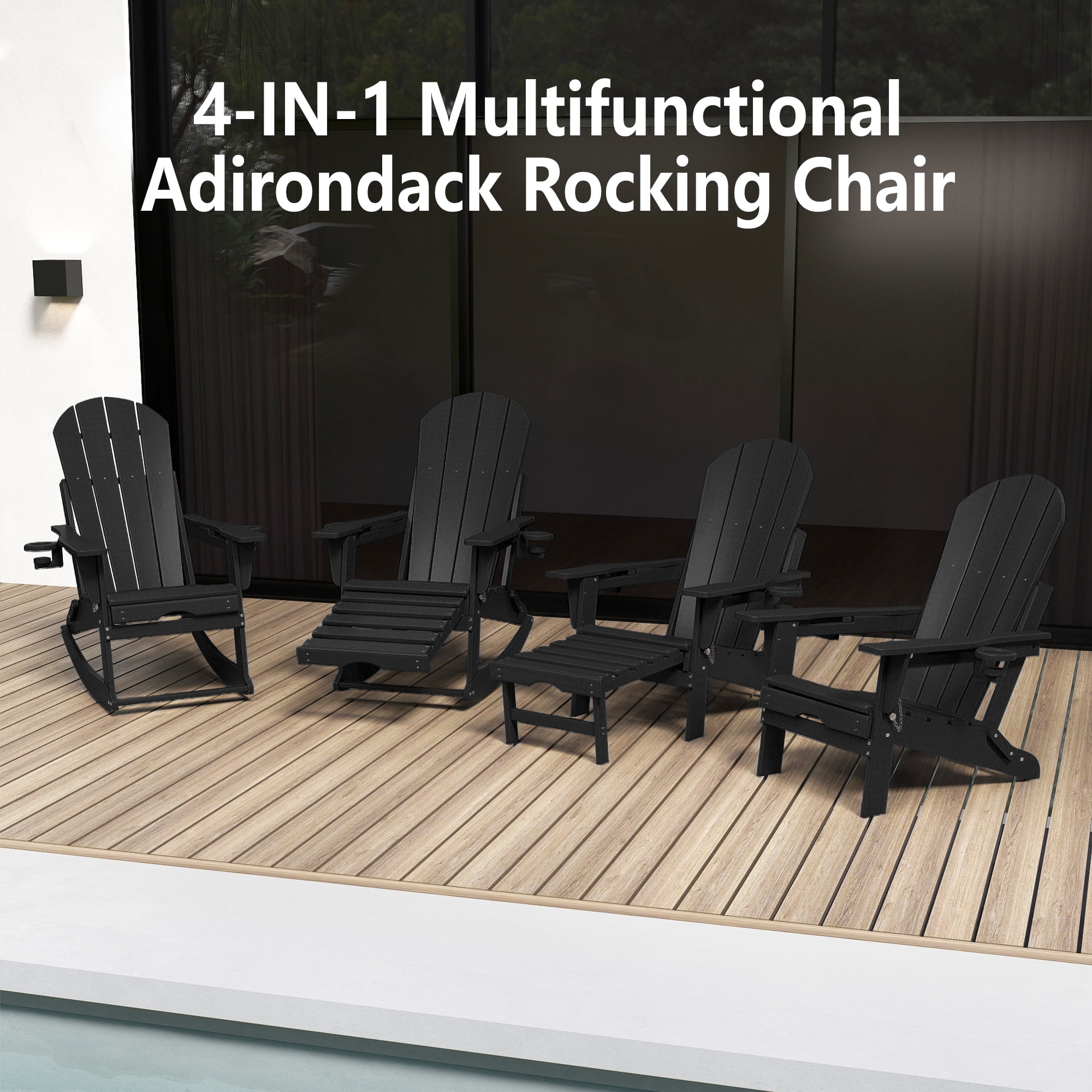 FOOWIN HDPE Plastic Rocking Adirondack Chair, Folding Rocking Chairs for Patio Porch Rocker Chair, Black