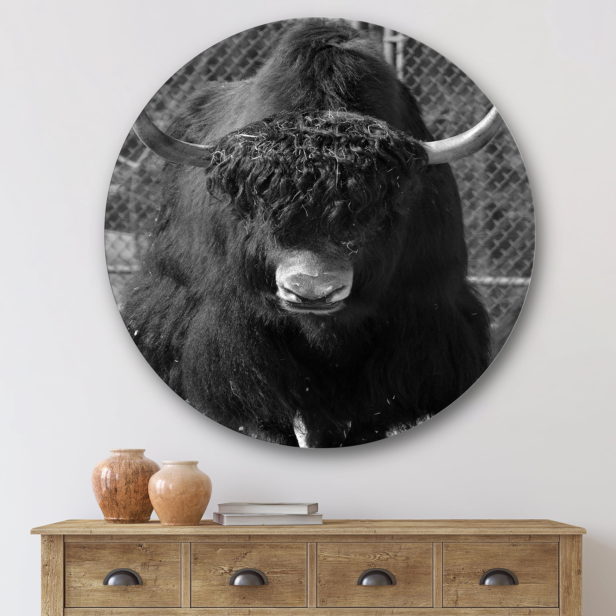 Designart 'Portrait Of Monochrome Wild Bull In Winter Forest II' Farmhouse Circle Metal Wall Art 36x36 - Disc of 36