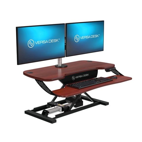 VERSADESK PowerPro Elite Electric Standing Desk Converter, Steel Frame with Cherry Work Surface, App Controlled, USB Charging, LED Lights, Split-Level | Cherry,  36"x24"