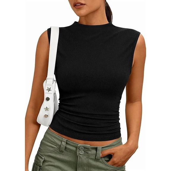 PRETTYGARDEN Tank Tops for Women Summer Mock Neck Ribbed Knit Slim Fitted Shirts Going Out Top Spring Fashion Clothes