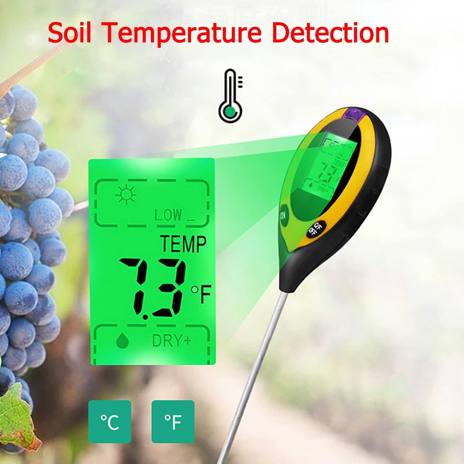 Soil Moisture Meter 4-in-1 Soil Tester with Light, Humidity, PH, Temperature for Garden, Lawn, Farm - Metal Probe, LED Display - Indoor & Outdoor