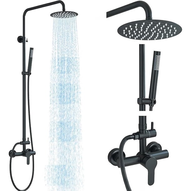 Ducha Exterior para Jardín Negra Mate, Sistema de Ducha con Grifo de 1 Manija, Rociador de Mano y Ducha de Lluvia de 8 Pulgadas, Acero Inoxidable, Montaje en Pared
