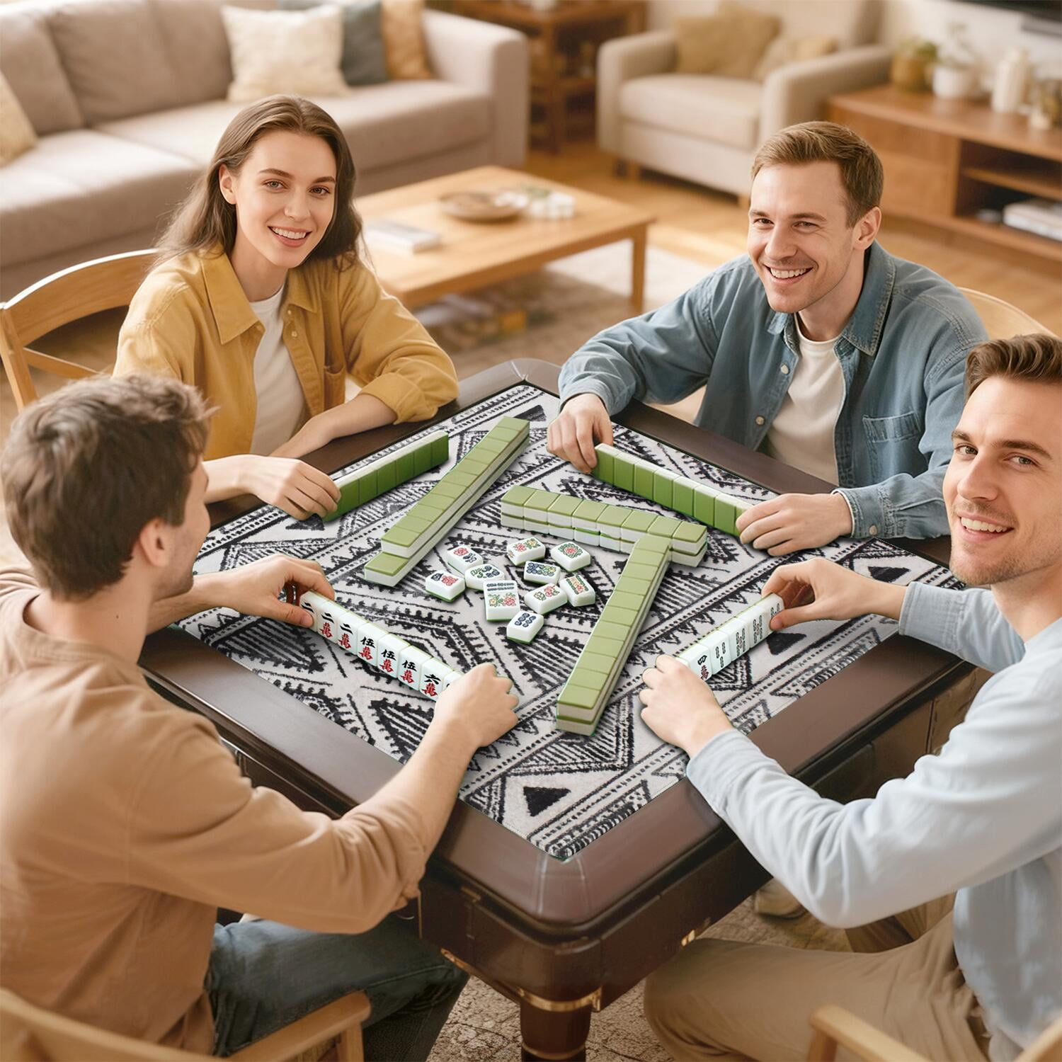 31.5x31.5 Boho Style Mahjong Mat, Anti-Slip Rubber Backing Noise Dampening Game Pad, Multi-Purpose Mat for Card Games Board Games and Family Gatherings
